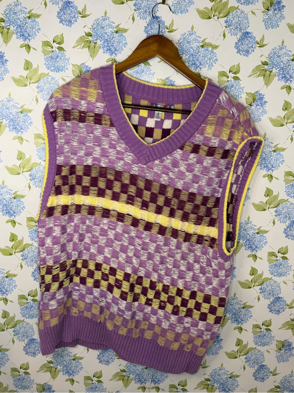 Urban Outfitters Lavender, Yellow & Plum Check Knit Vest
